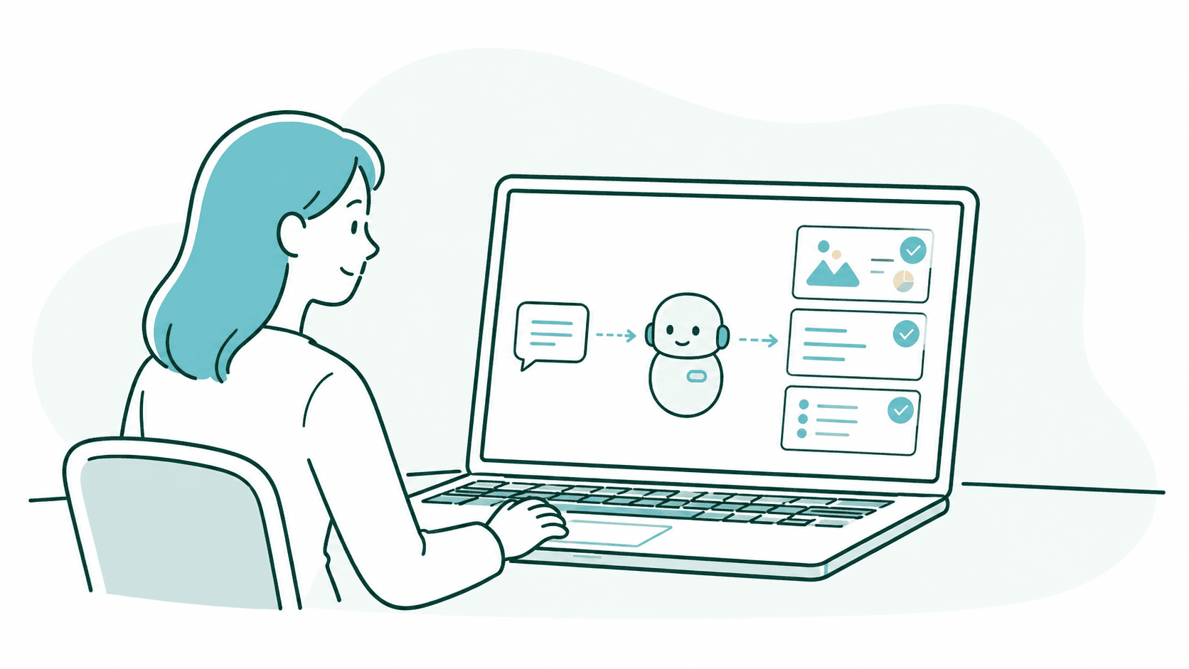 ノートパソコンの中のAIアシスタントに依頼し、資料やタスクが整うイラスト